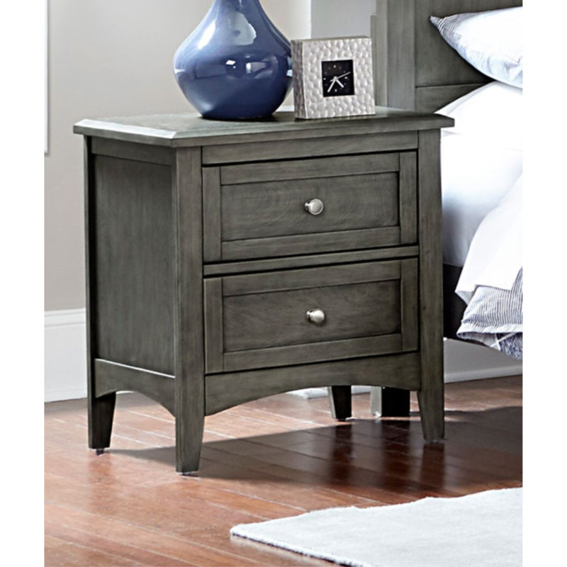 26 Inch Rustic 2 Drawer Wood Nightstand Molded Trim Grain Details Gray